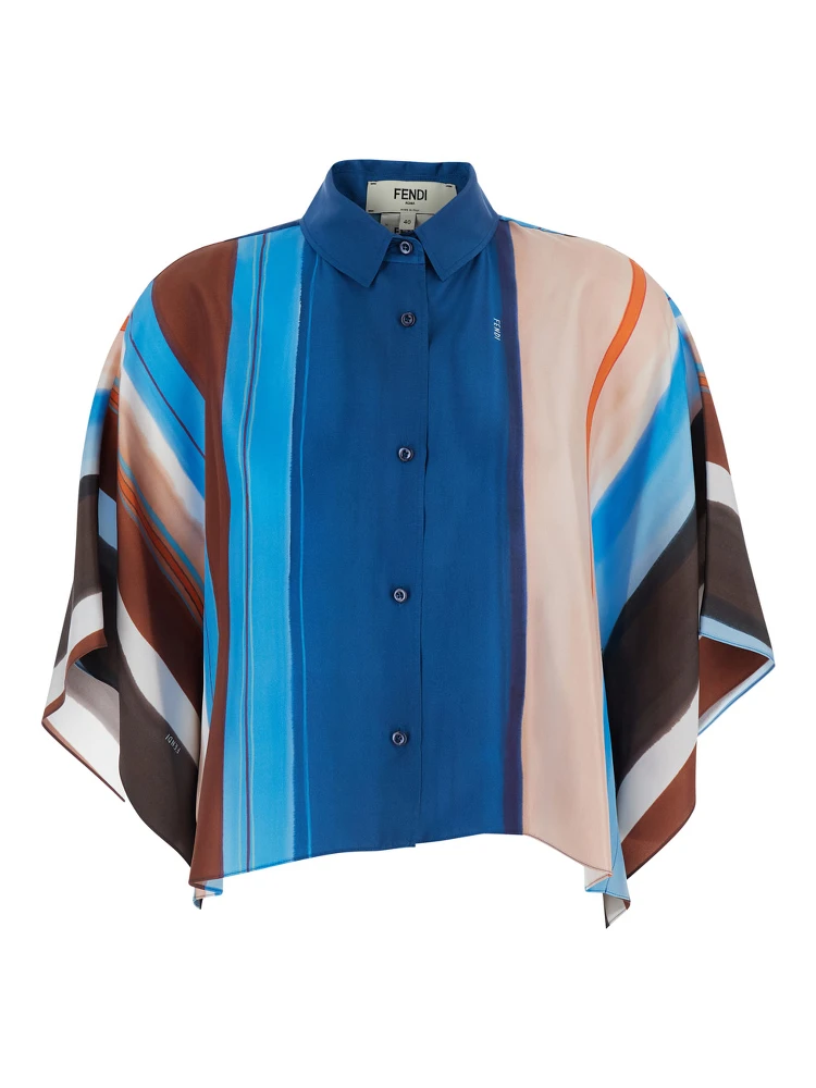 Multicolor Crop Shirt with Logo Embroidery on the Side and All-Over Striped Motif in Silk for Women