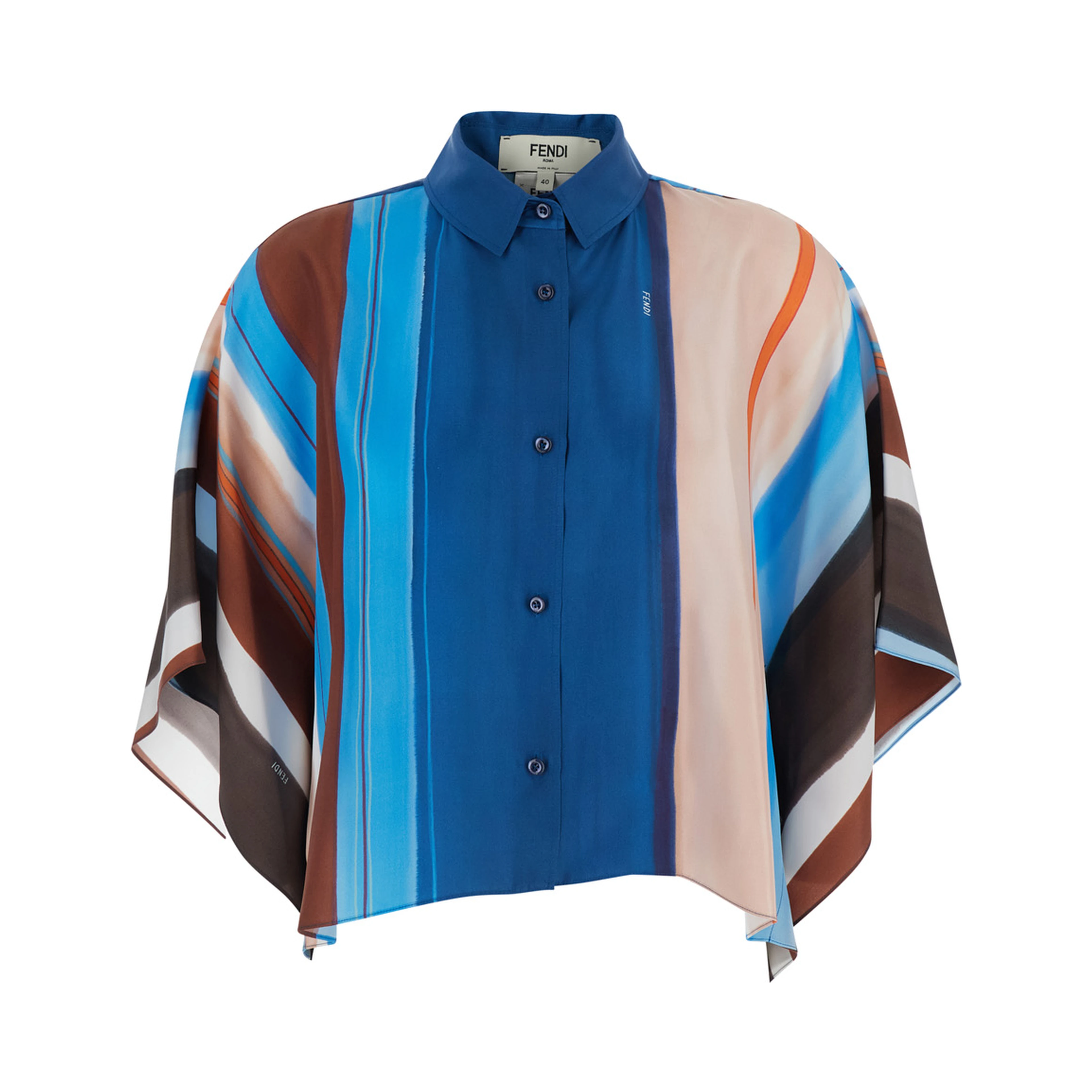 Multicolor Crop Shirt with Logo Embroidery on the Side and All-Over Striped Motif in Silk for Women