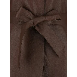 Brown Leather Jacket with Wide Collar and Front Belt for Women