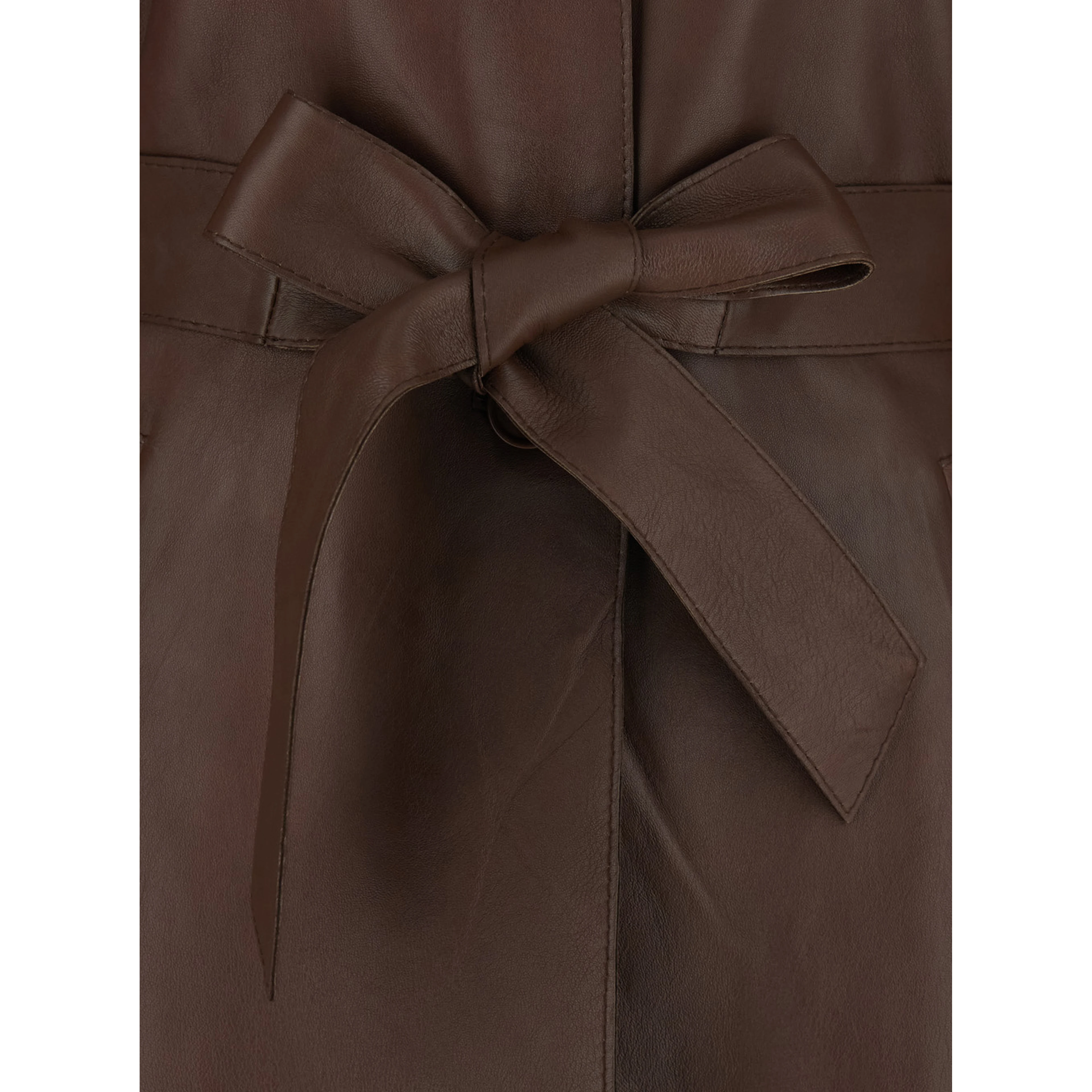 Brown Leather Jacket with Wide Collar and Front Belt for Women