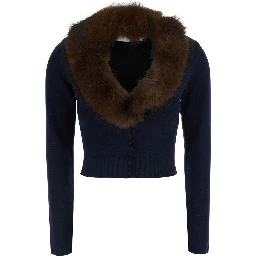 Cardigan in knit with synthetic fur and long sleeves in blue for women