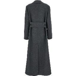 Grey Coat with wide notched revers and belt on the back in wool and cashmere for women