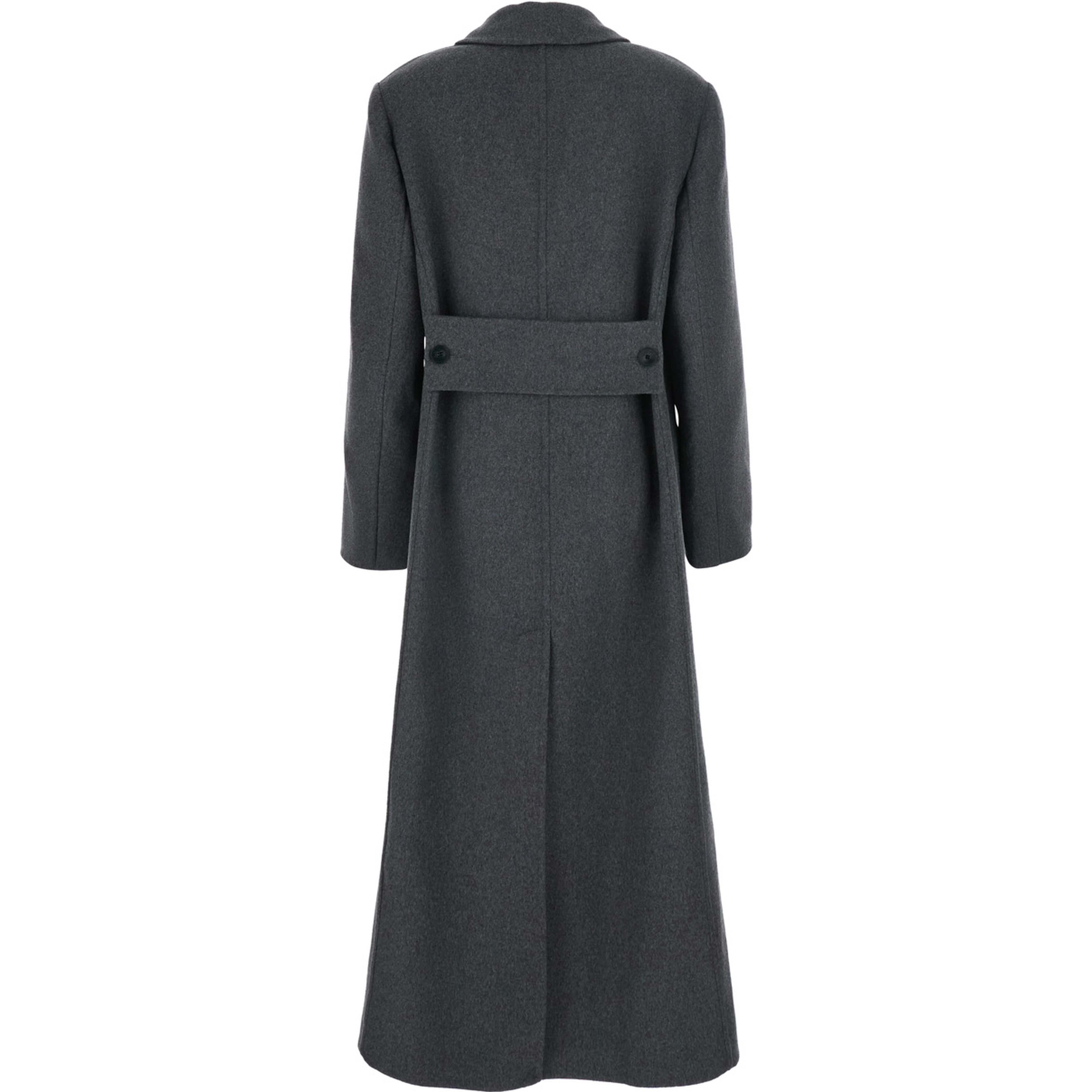 Grey Coat with wide notched revers and belt on the back in wool and cashmere for women