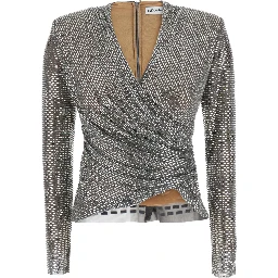 silver colored Top with draping and applied jewels all-over in Tech Fabric Women