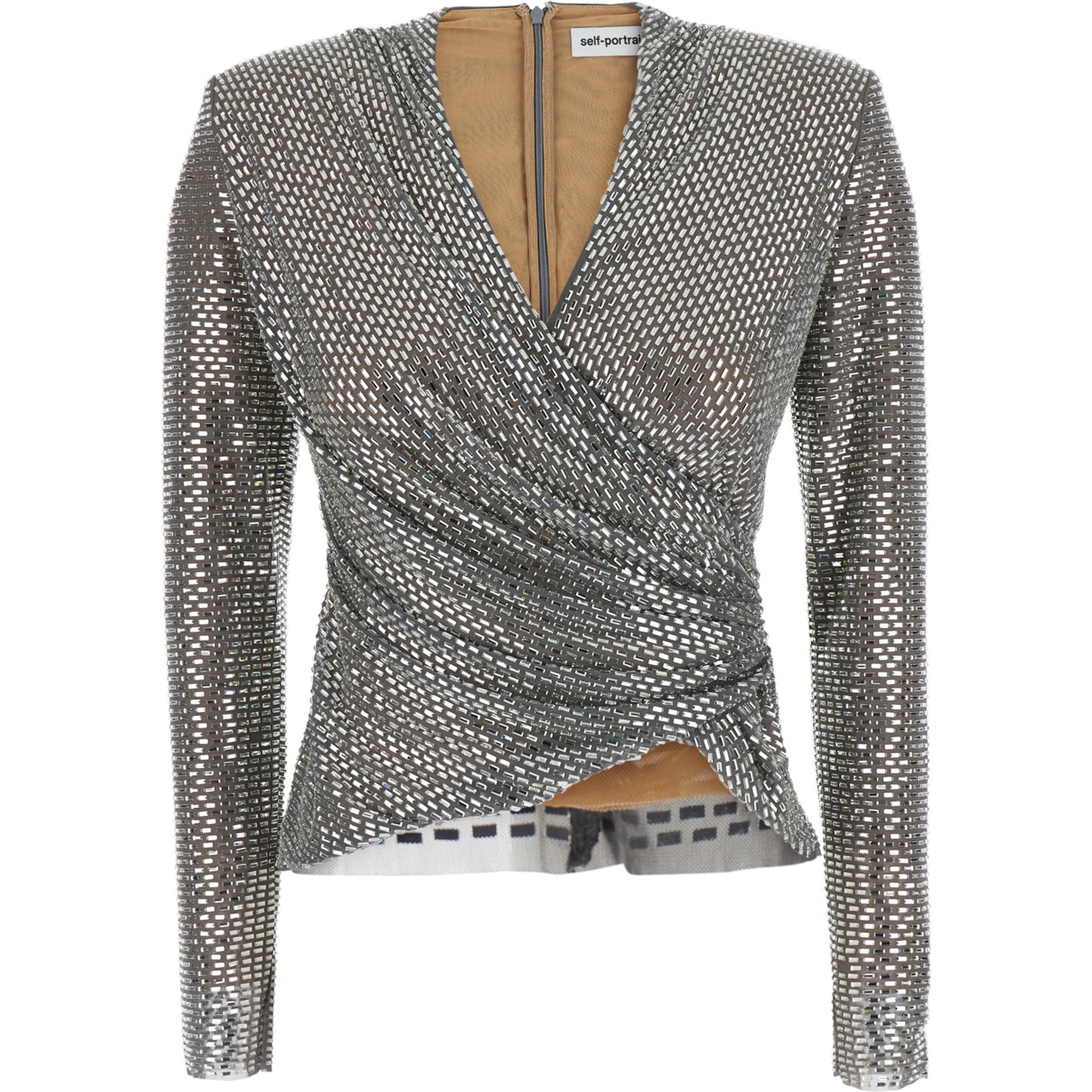 silver colored Top with draping and applied jewels all-over in Tech Fabric Women