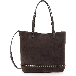 Brown Medium Tote Bag with Shoulder Strap and Rockstud in Suede for Women