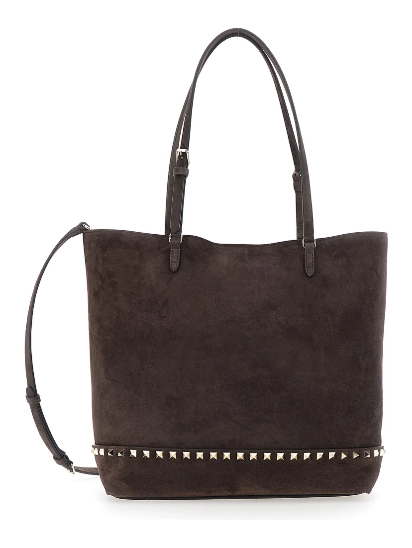 Brown Medium Tote Bag with Shoulder Strap and Rockstud in Suede for Women