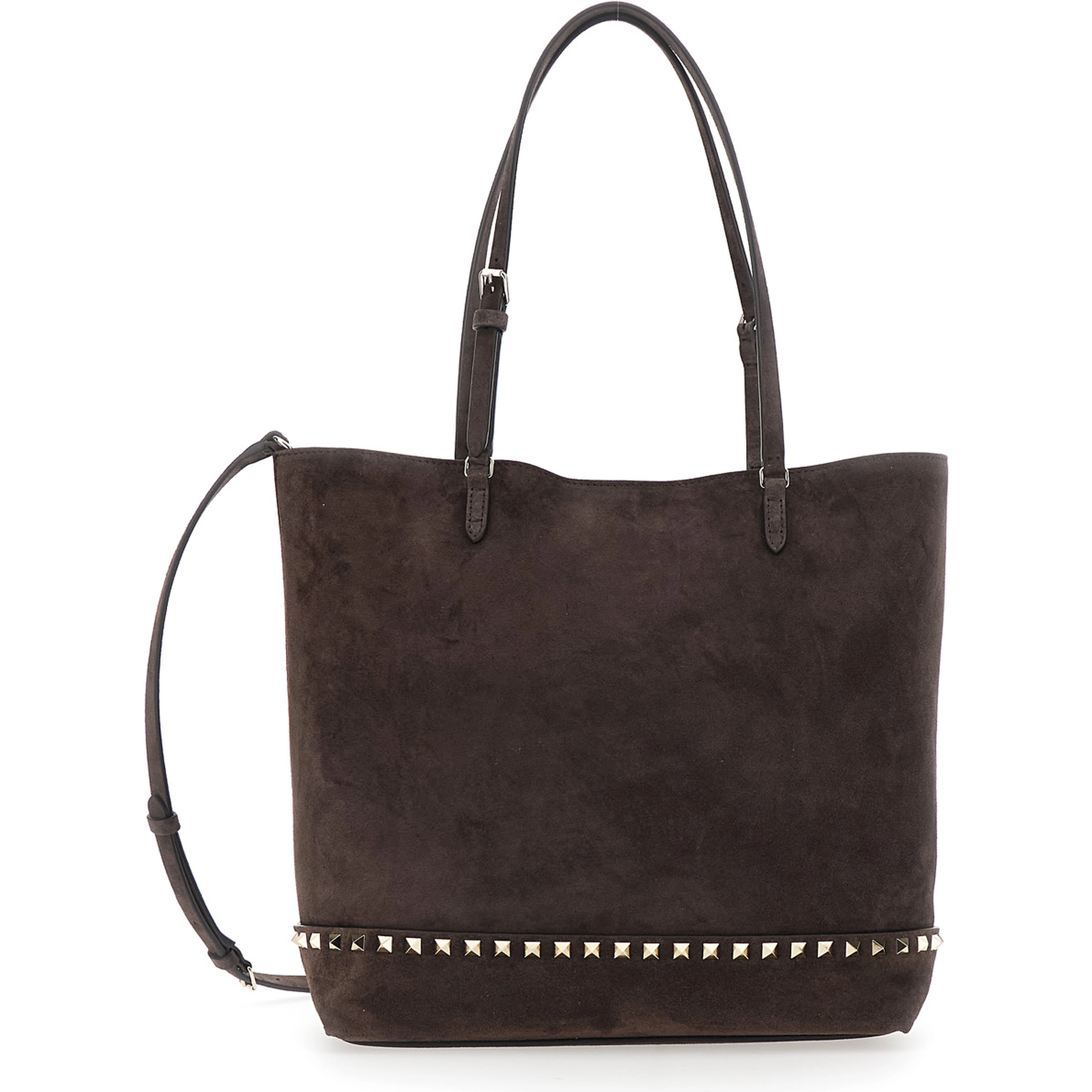 Brown Medium Tote Bag with Shoulder Strap and Rockstud in Suede for Women