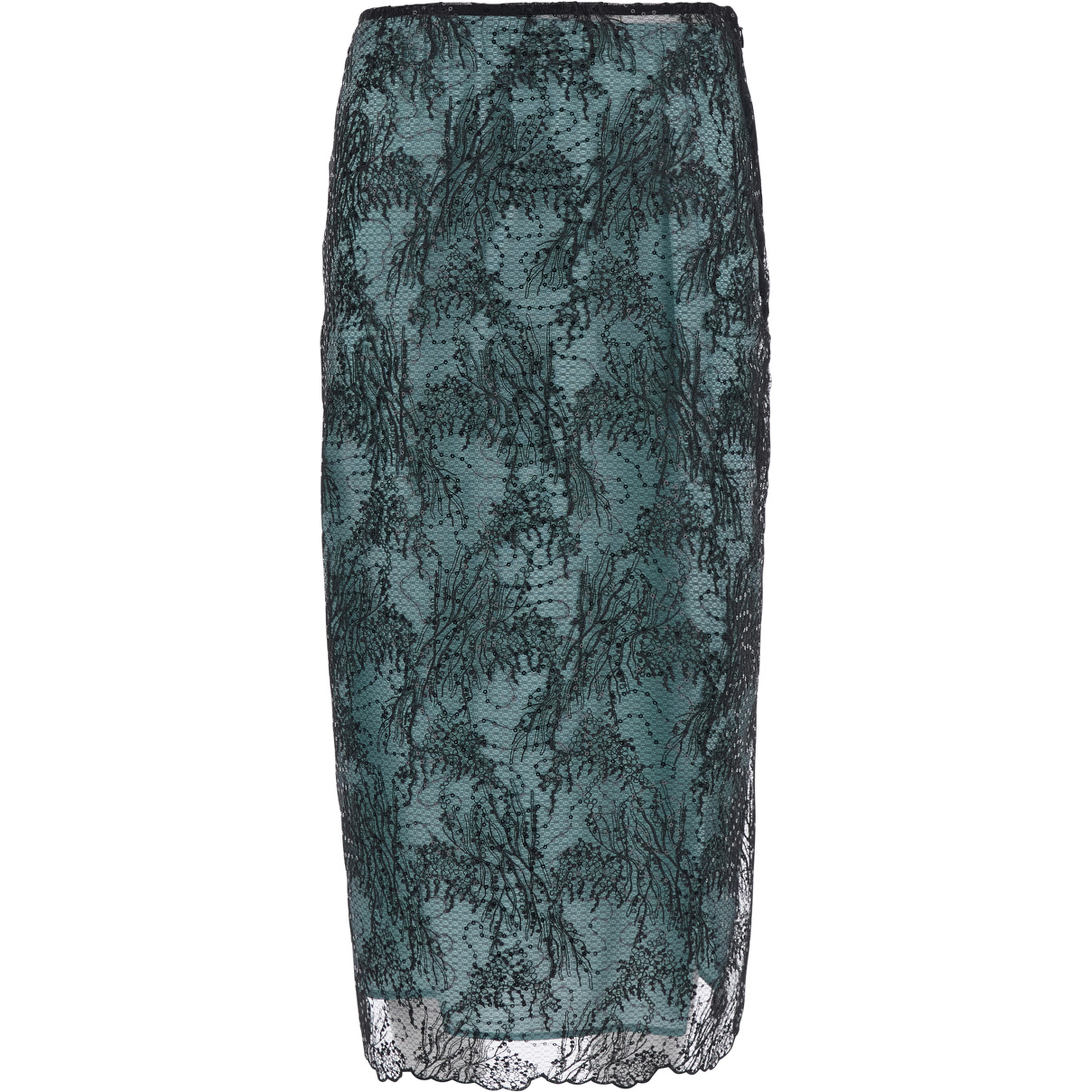 Camilla Black Skirt with side zip closure and all-over lace embroidery in tech fabric for women