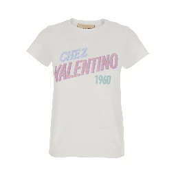 White Crew Neck T-Shirt with Maxi Logo Lettering on the Front in Cotton for Women