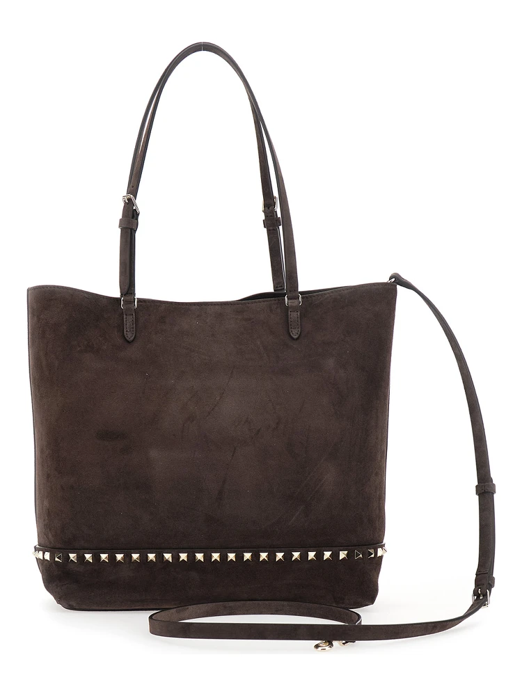 Brown Medium Tote Bag with Shoulder Strap and Rockstud in Suede for Women alternative