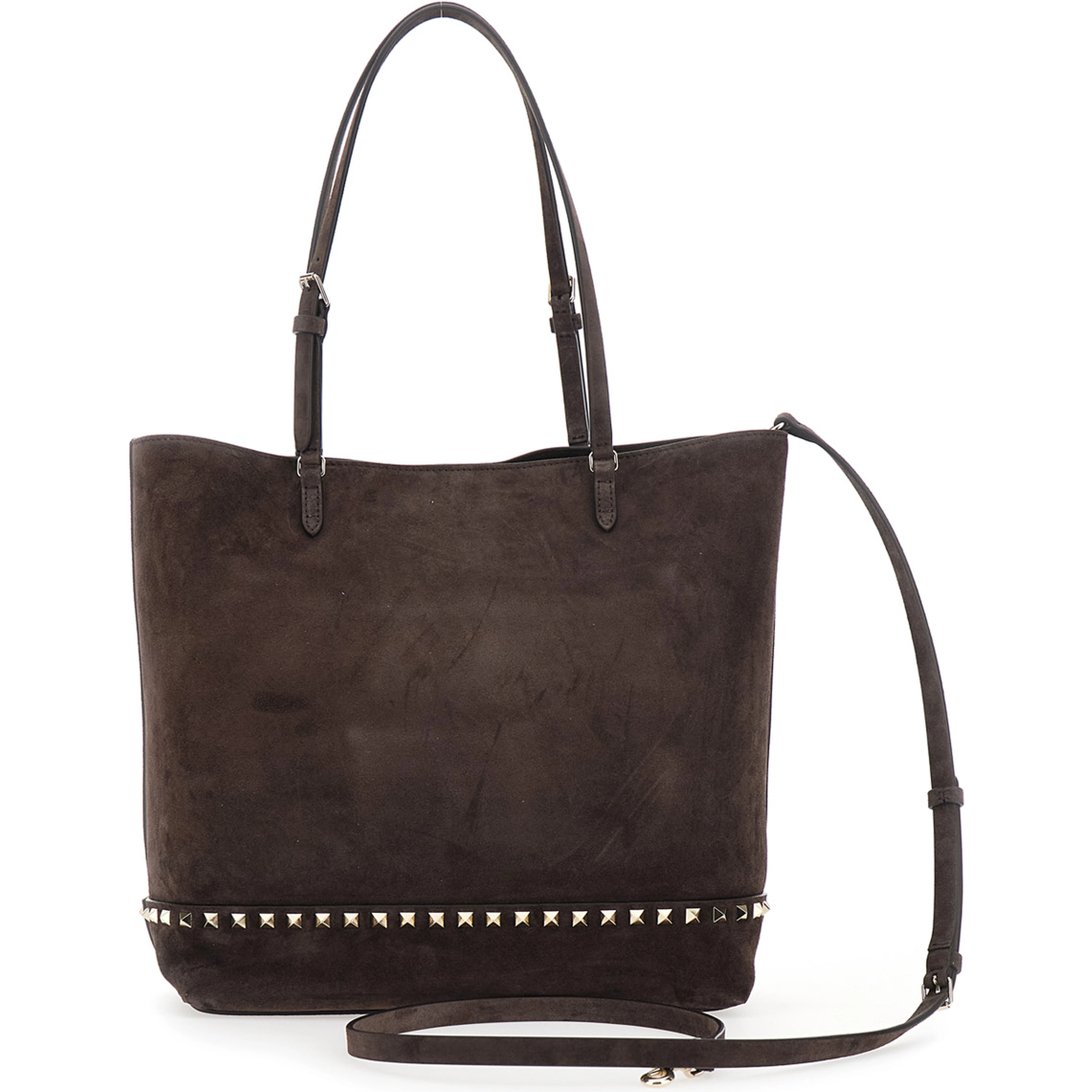 Brown Medium Tote Bag with Shoulder Strap and Rockstud in Suede for Women