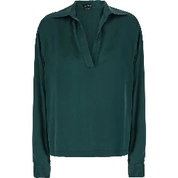 Green Shirt with wide collar and V-neck in silk for women