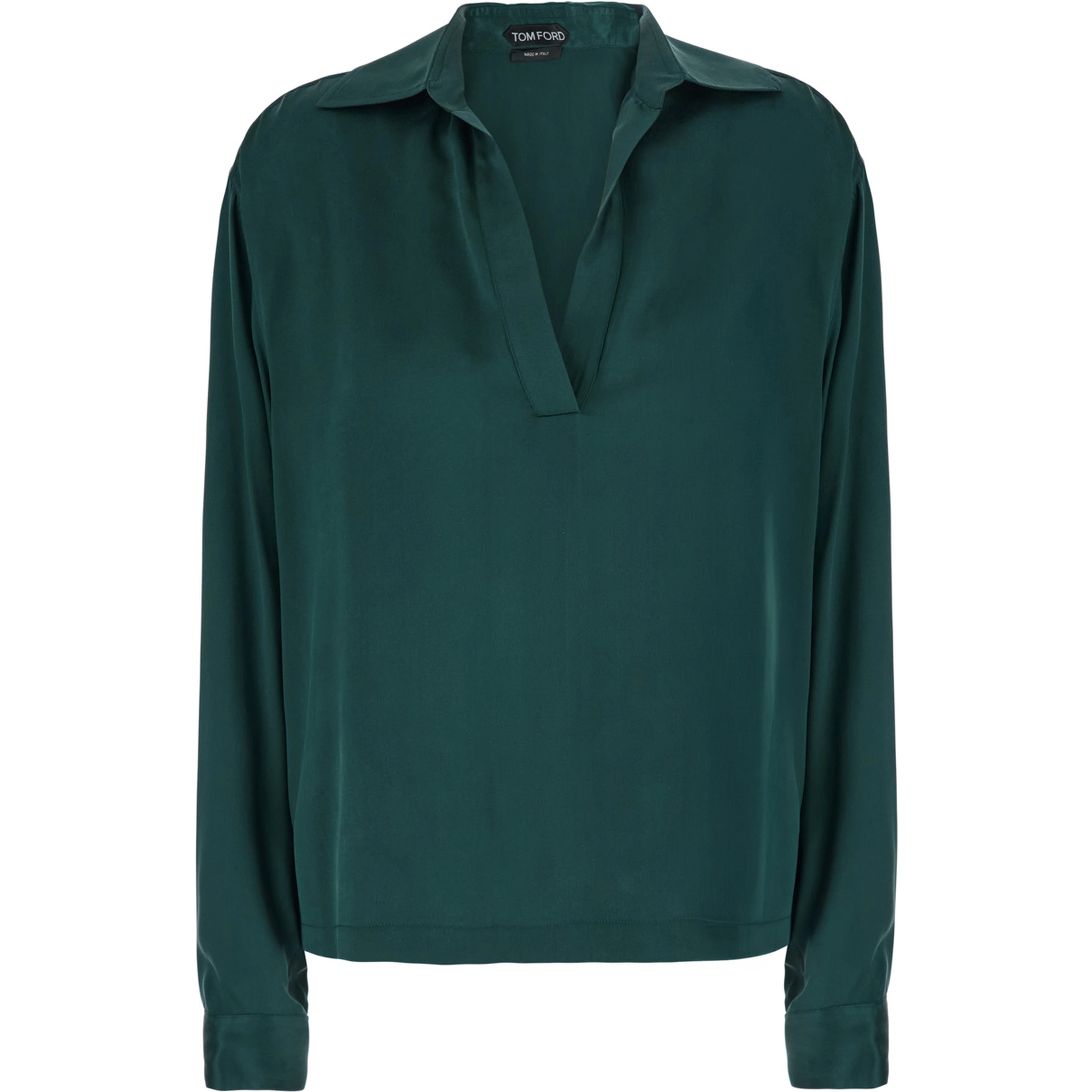 Green Shirt with wide collar and V-neck in silk for women