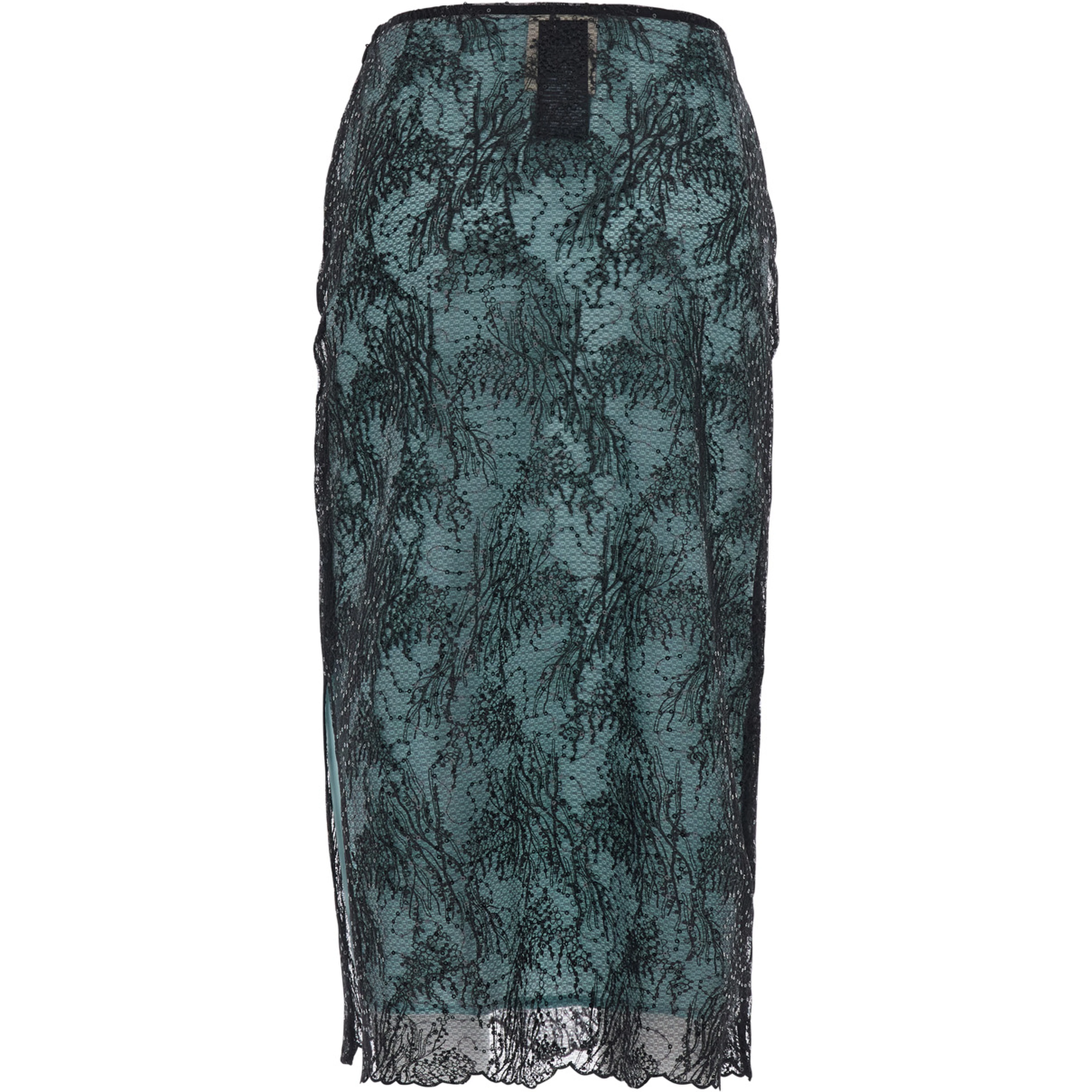 Camilla Black Skirt with side zip closure and all-over lace embroidery in tech fabric for women