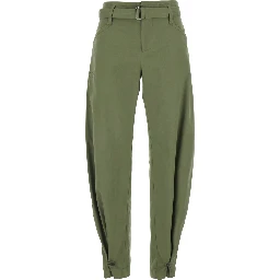 Ryana Green Pants with Front Belt and Buttoned Hems in Stretch Cotton for Women