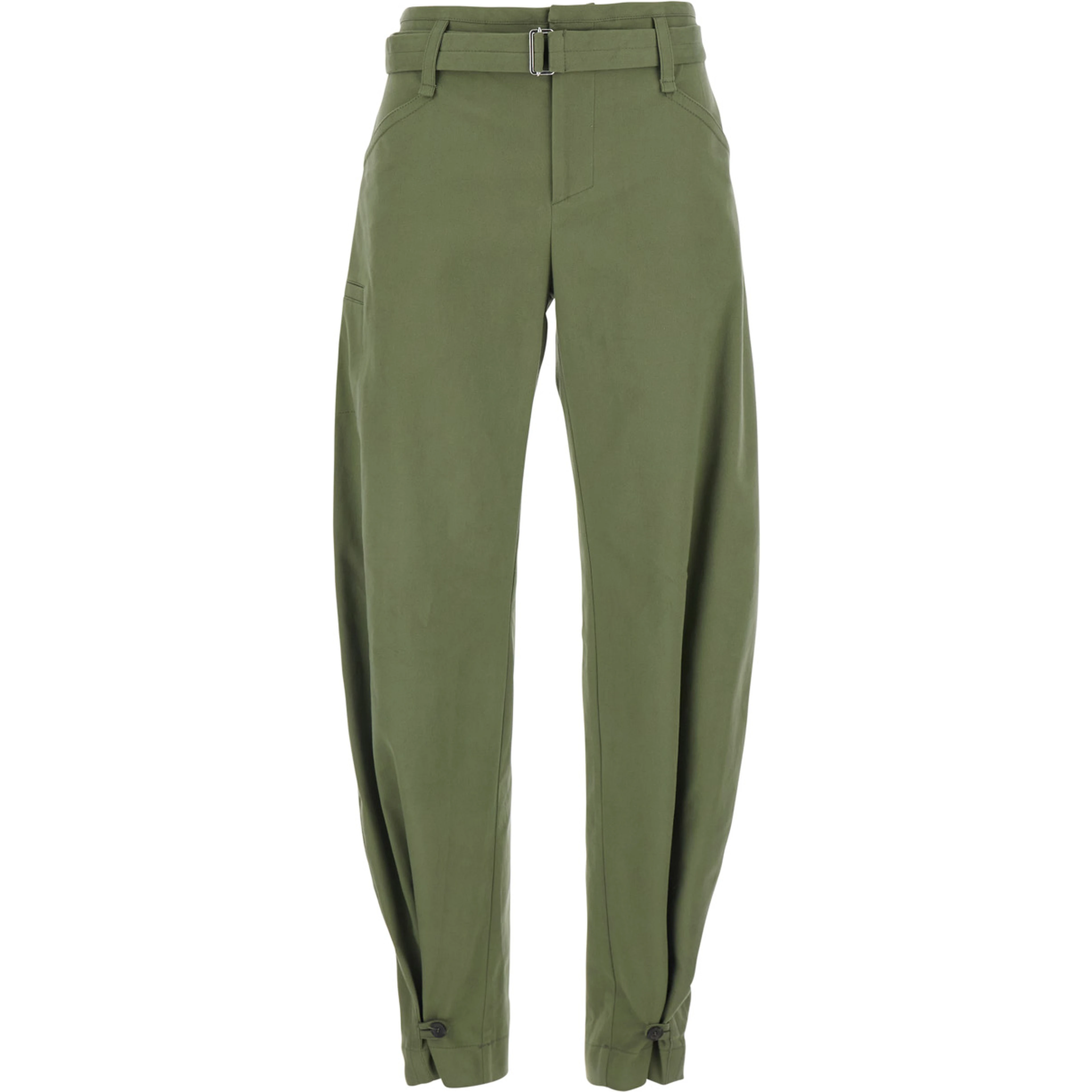 Ryana Green Pants with Front Belt and Buttoned Hems in Stretch Cotton for Women