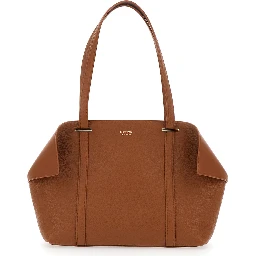 Tote bag with Folded Sides and logo lettering on the Front in Brown Leather for Women