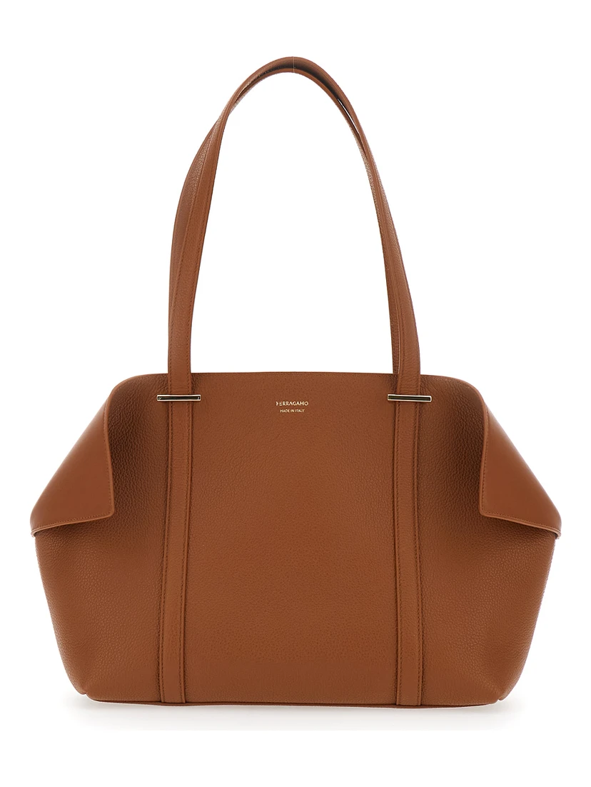 Tote bag with Folded Sides and logo lettering on the Front in Brown Leather for Women