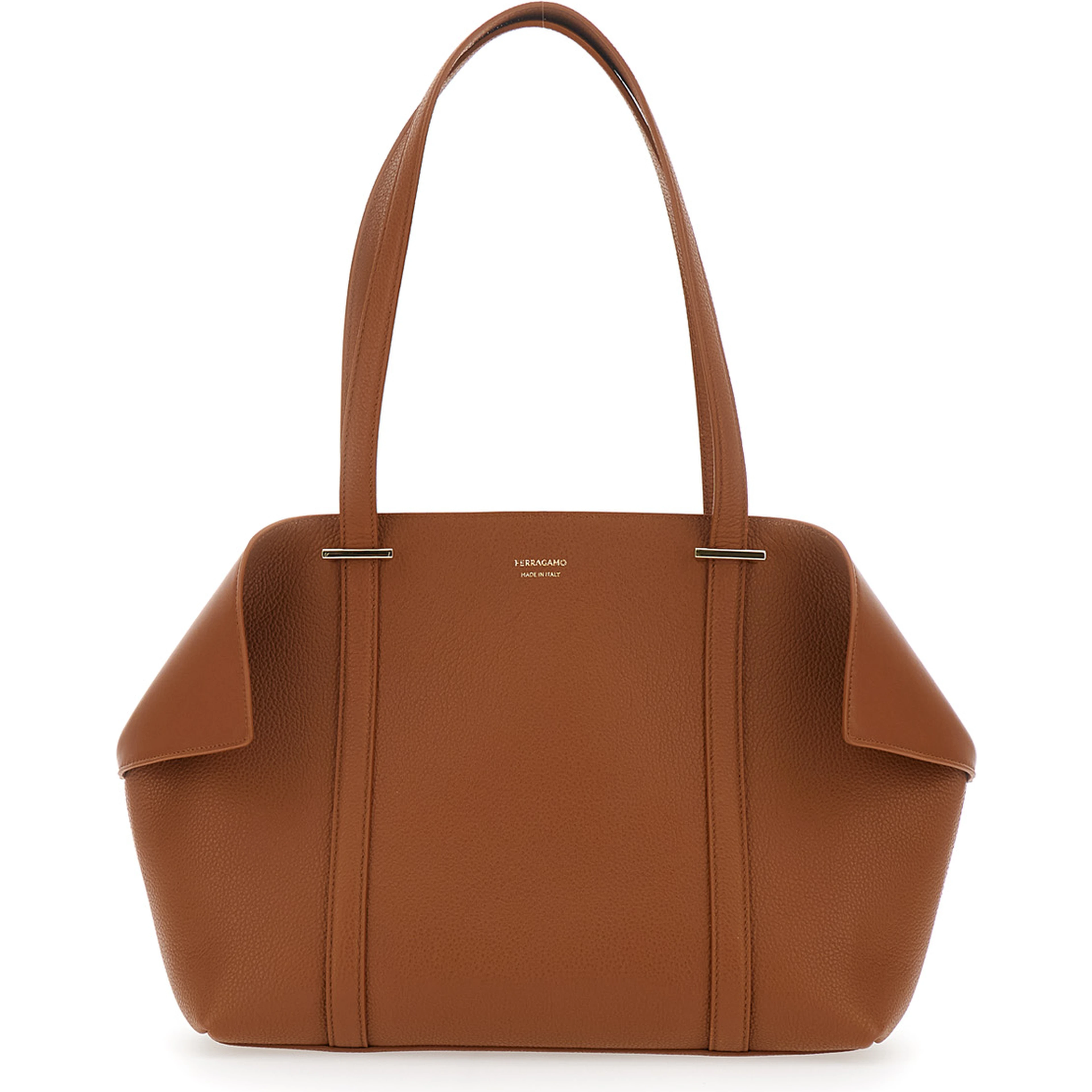 Tote bag with Folded Sides and logo lettering on the Front in Brown Leather for Women
