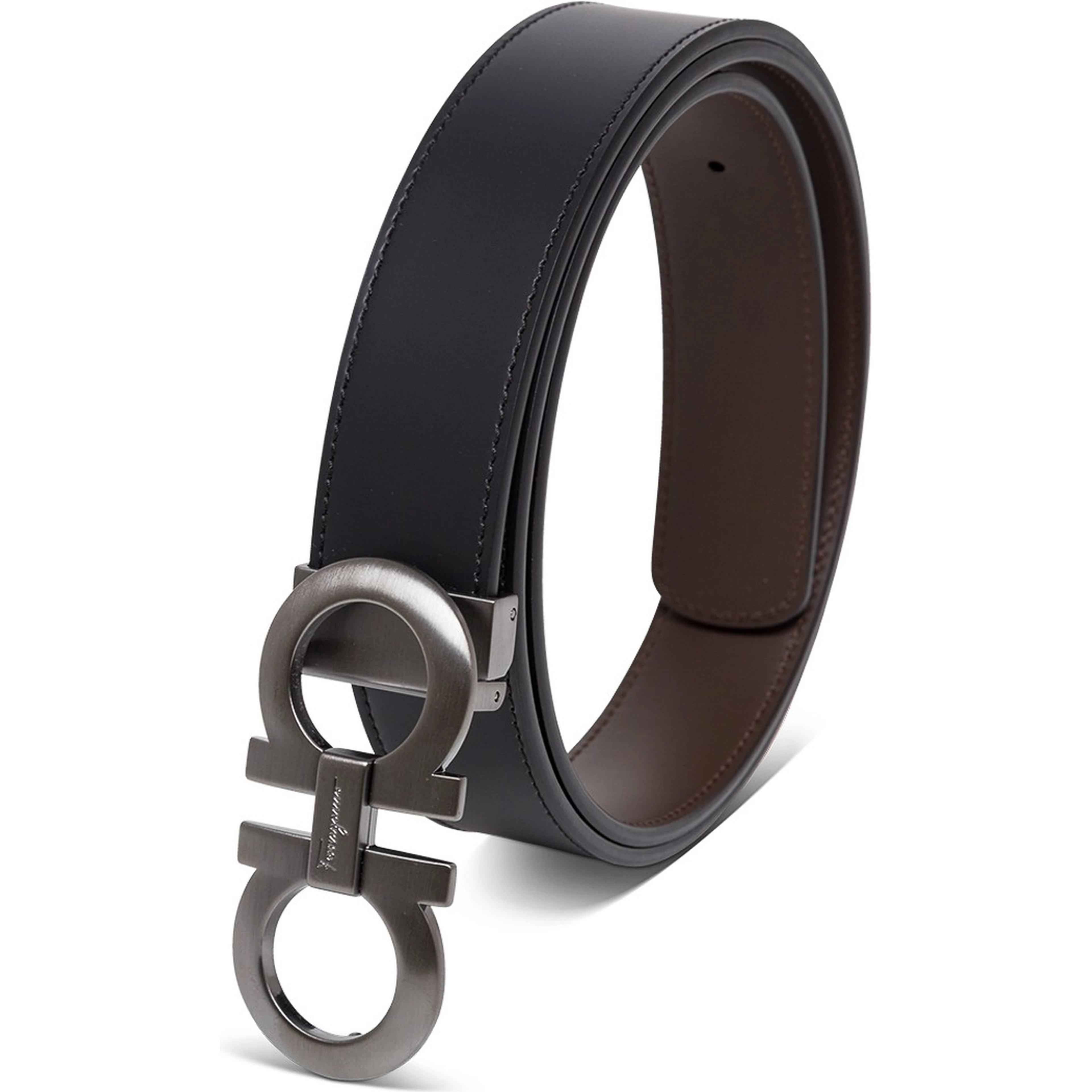 Bicolor Leather Belt with Gancini Buckle on the Front in Black and Brown for Men