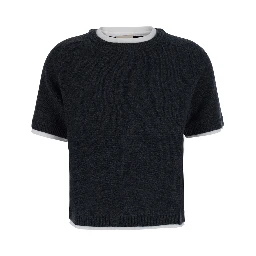 Aida Gray short sweater with contrasting round neck in wool and cashmere for women