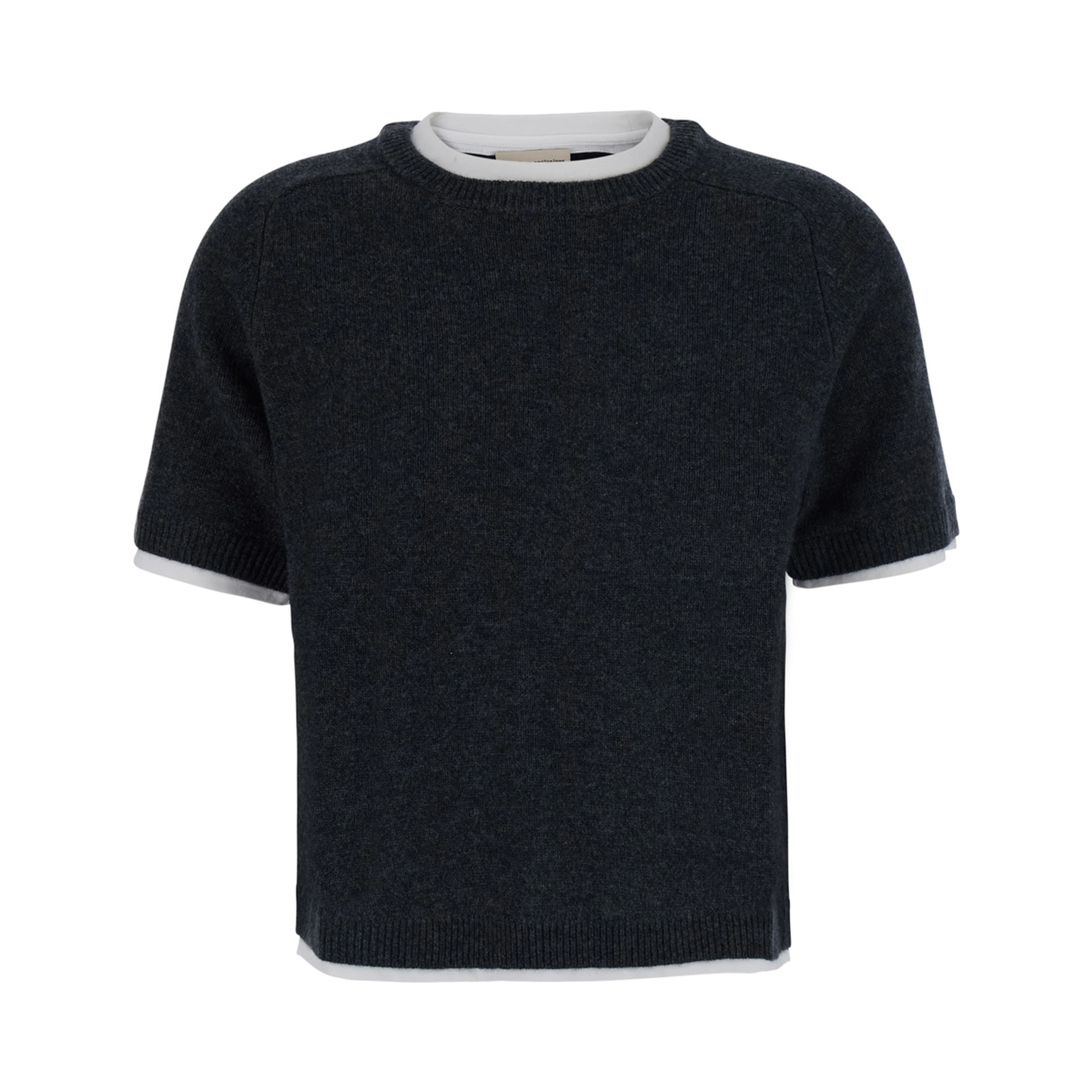 Aida Gray short sweater with contrasting round neck in wool and cashmere for women