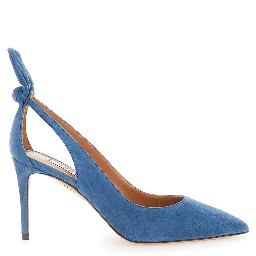 Blue Pointed Toe Pump with Bow Detail in Suede for Women