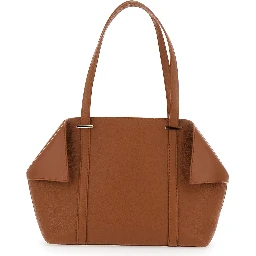 Tote bag with Folded Sides and logo lettering on the Front in Brown Leather for Women