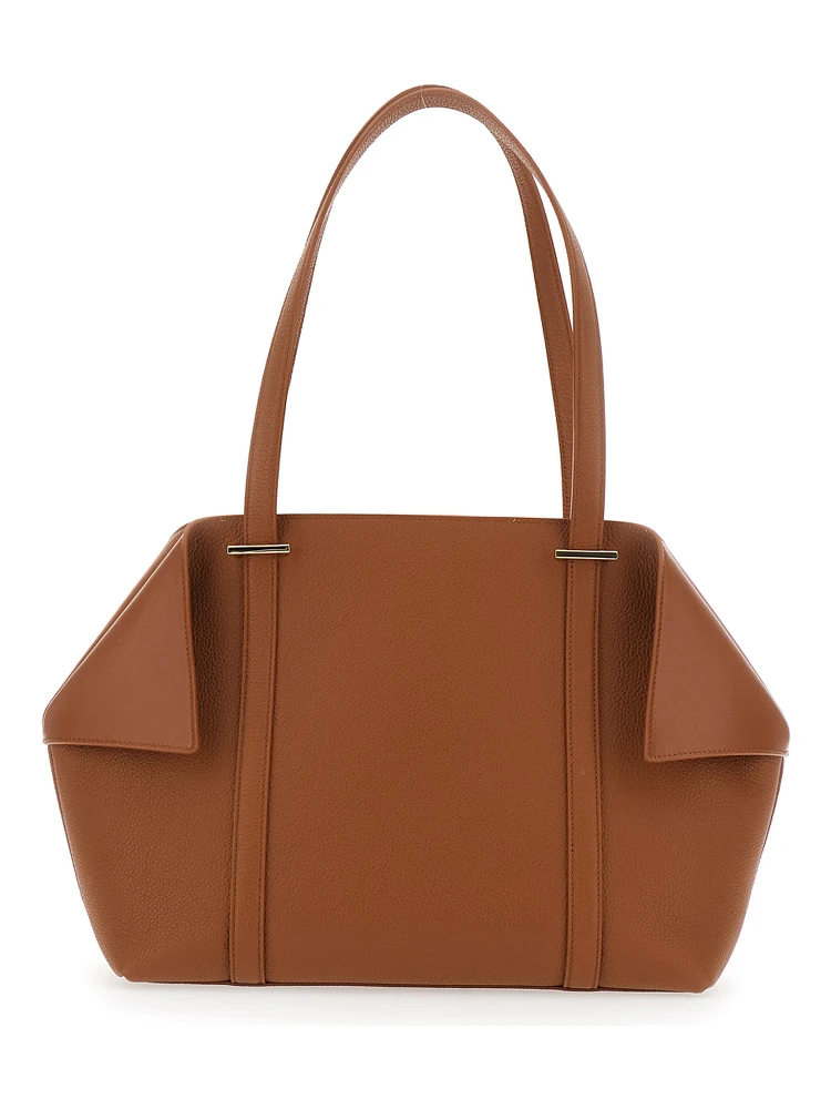 Tote bag with Folded Sides and logo lettering on the Front in Brown Leather for Women alternative