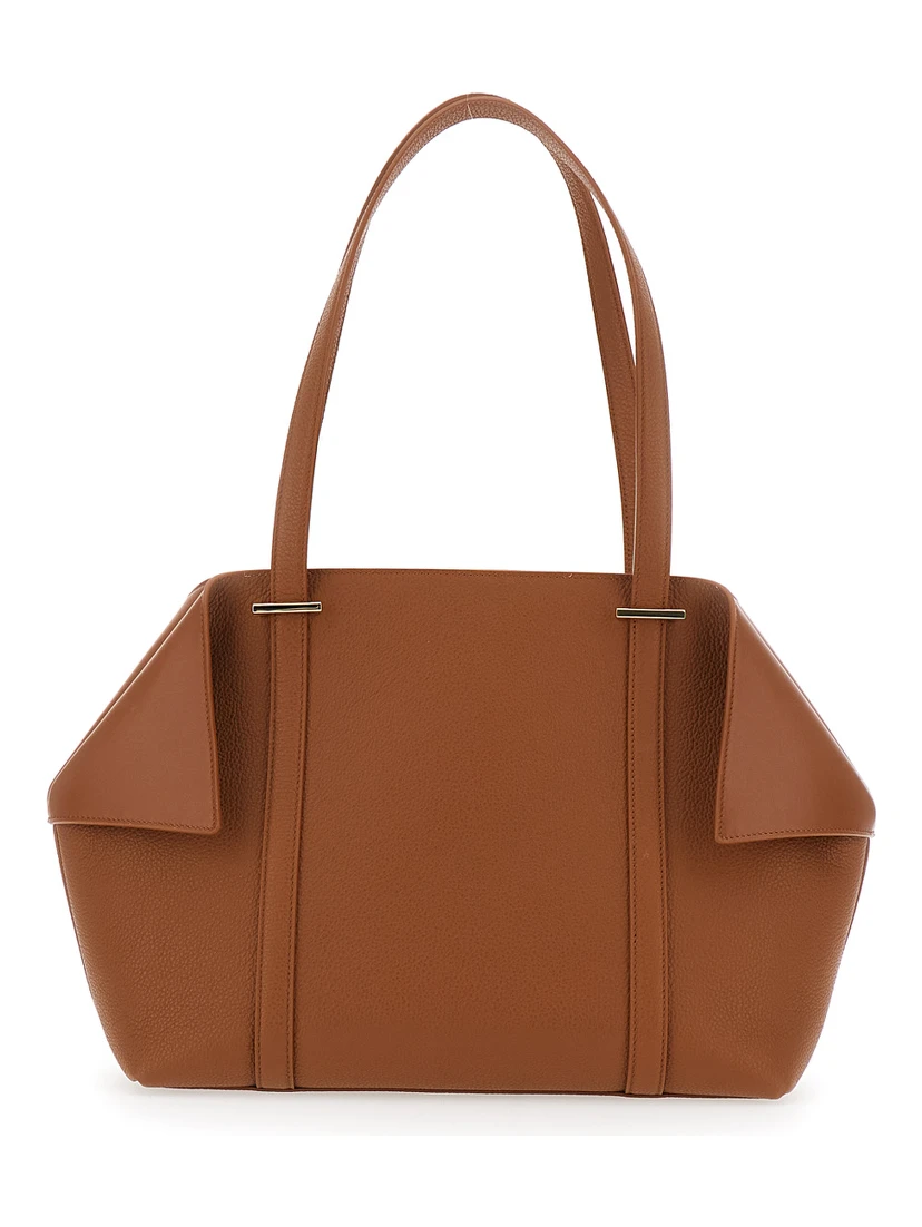 Tote bag with Folded Sides and logo lettering on the Front in Brown Leather for Women