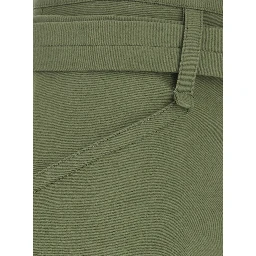 Ryana Green Pants with Front Belt and Buttoned Hems in Stretch Cotton for Women
