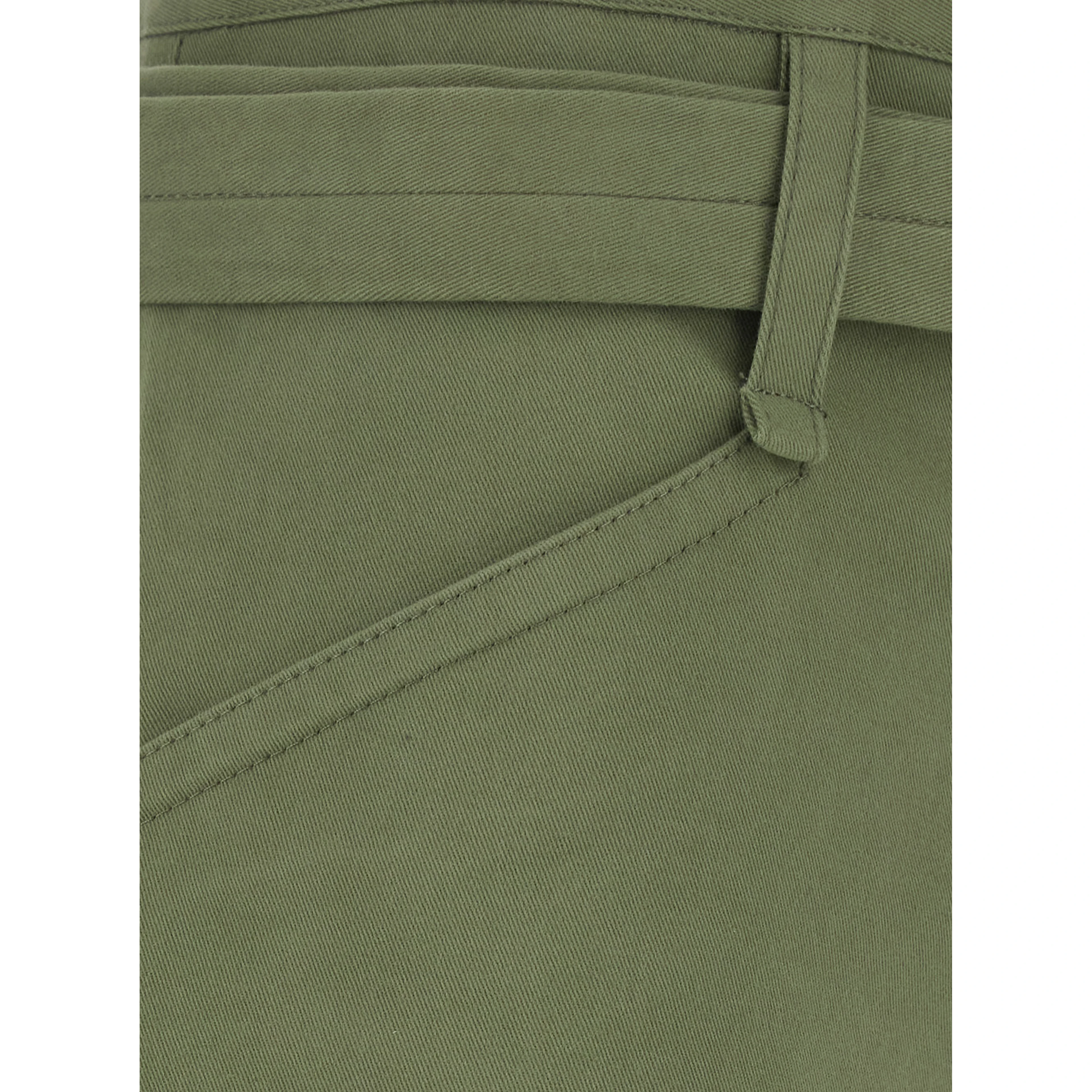 Ryana Green Pants with Front Belt and Buttoned Hems in Stretch Cotton for Women