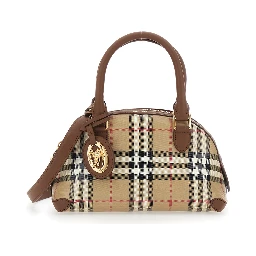 Primrose Beige Handbag with EKD Leather Tag and Adjustable and Removable Strap in Check Canvas for Women