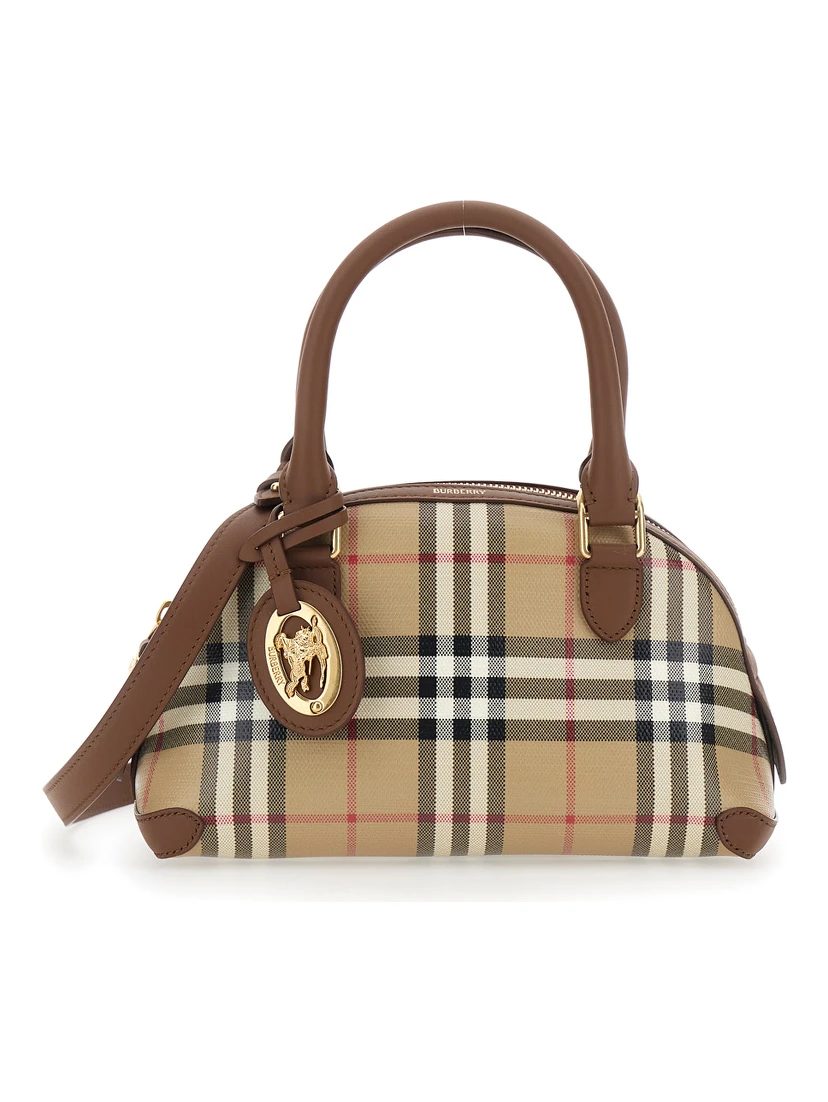 Primrose Beige Handbag with EKD Leather Tag and Adjustable and Removable Strap in Check Canvas for Women
