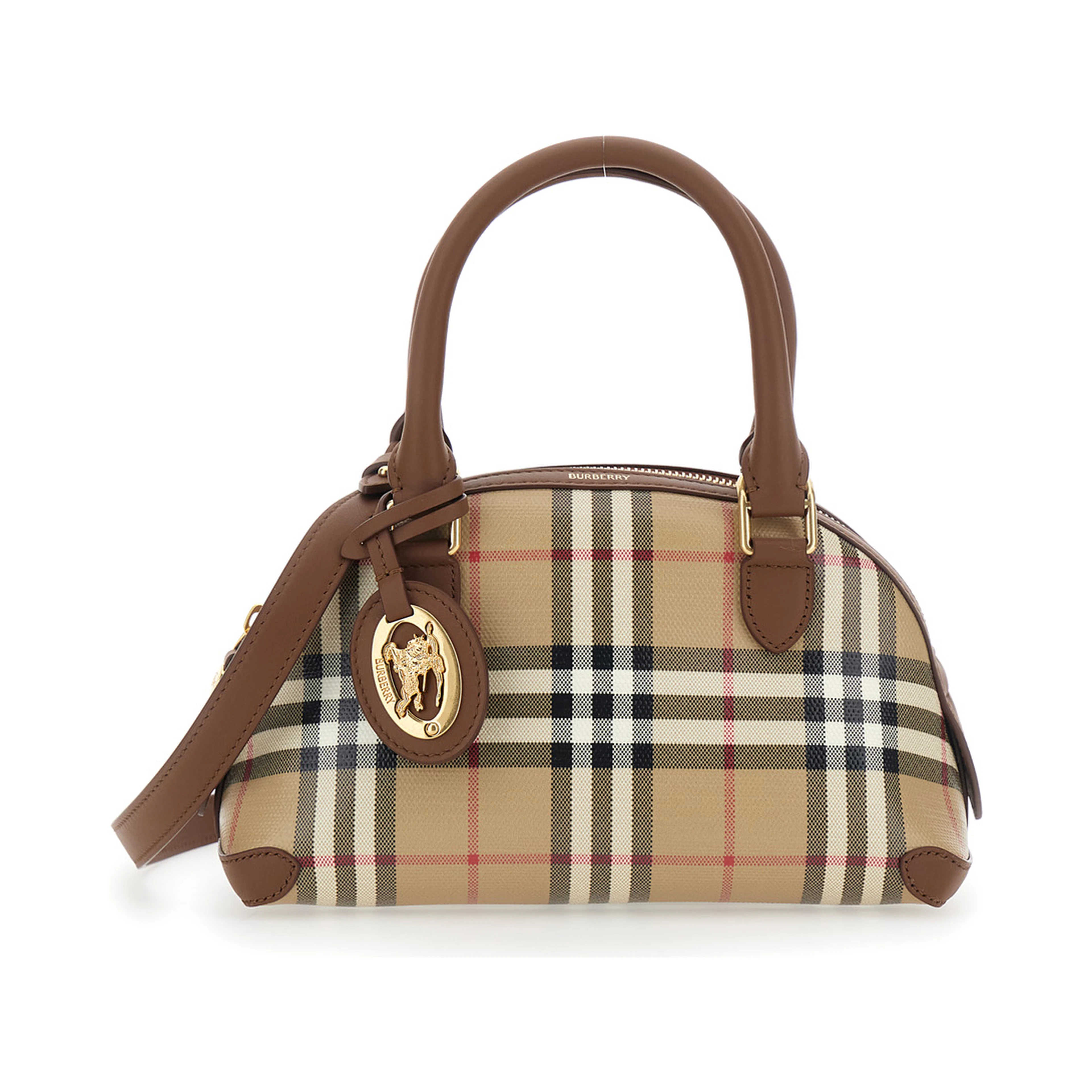 Primrose Beige Handbag with EKD Leather Tag and Adjustable and Removable Strap in Check Canvas for Women