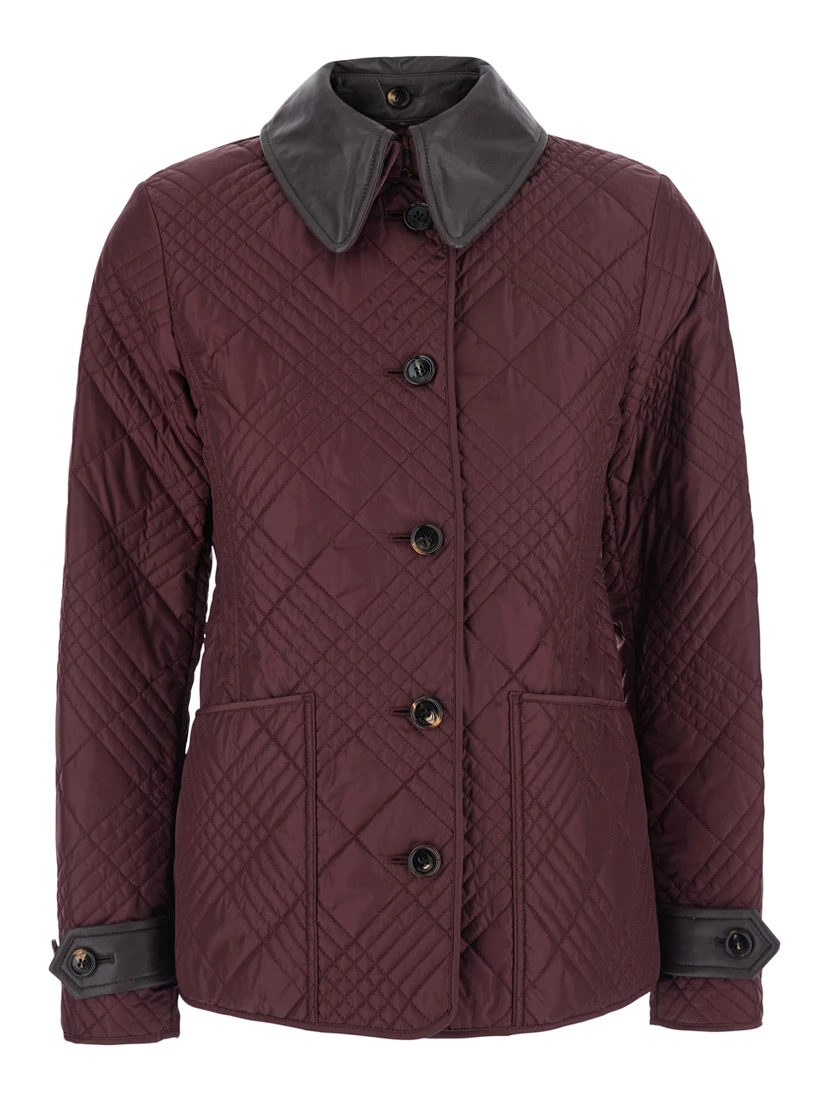 Fernleigh Bordeaux Jacket with removable leather collar and all-over Check stitching in quilted tech fabric for women