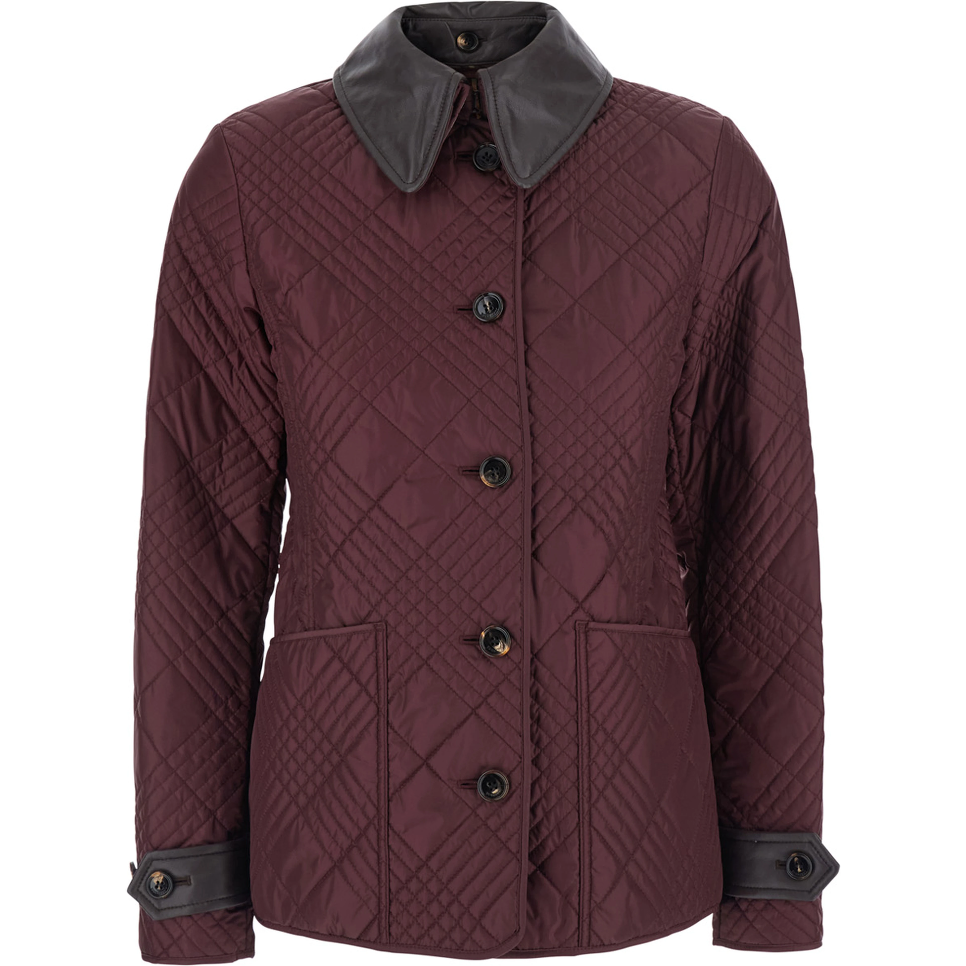 Fernleigh Bordeaux Jacket with removable leather collar and all-over Check stitching in quilted tech fabric for women