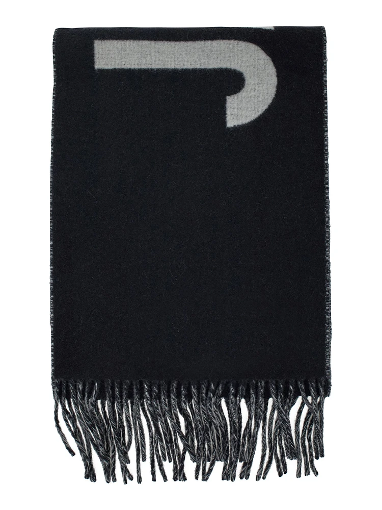 Scarf LEcharpe Jacquemus with Maxi Logo Lettering and Fringed Edge in Black Wool Men