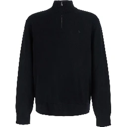 Black Sweater with half zip closure and high collar in wool for men