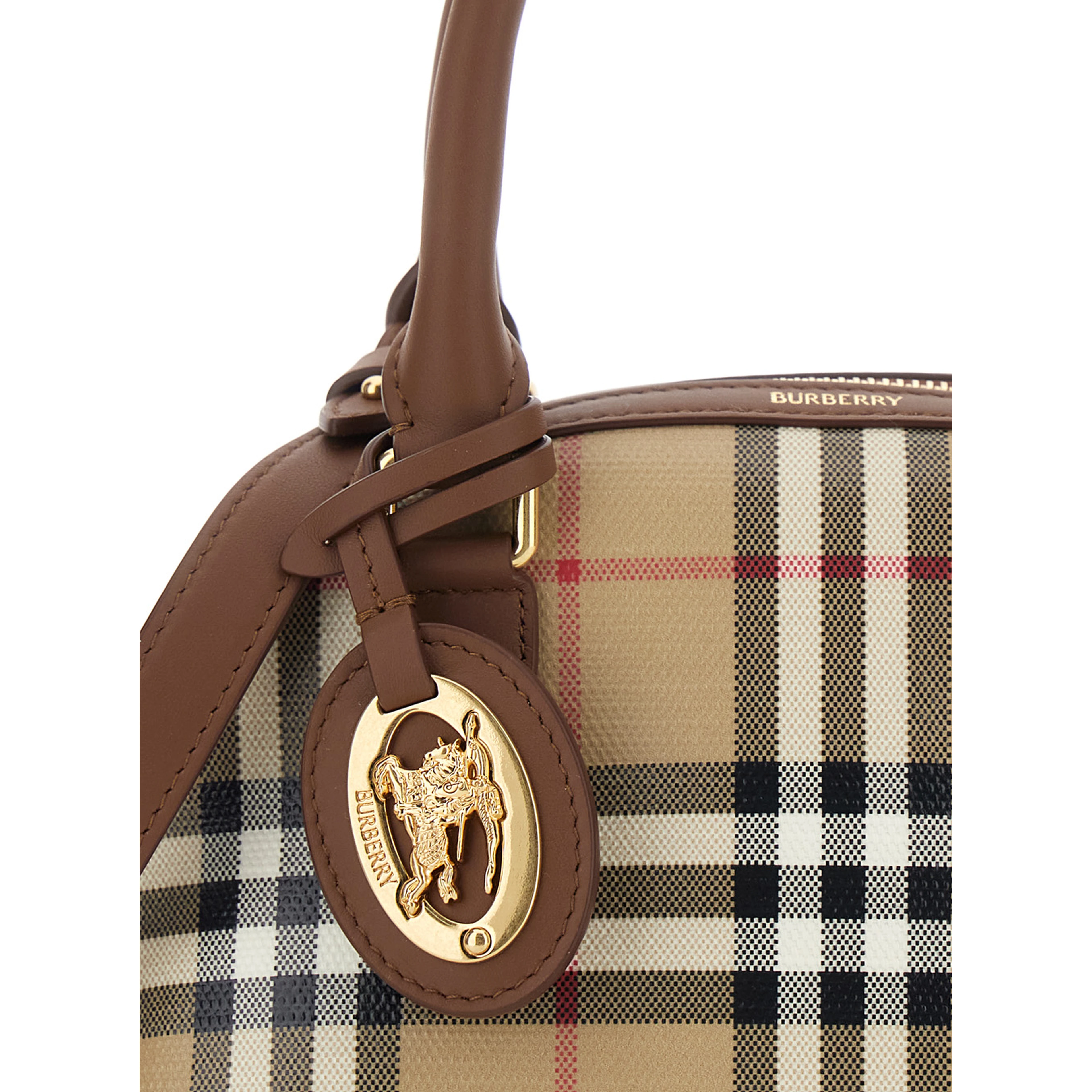 Primrose Beige Handbag with EKD Leather Tag and Adjustable and Removable Strap in Check Canvas for Women