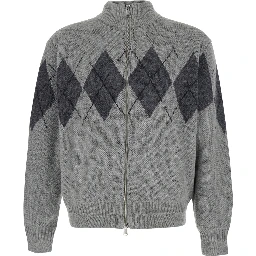 INSIDE OUT ARGYLE ZIP-UP with high collar and long sleeves in acrylic nylon wool and alpaca gray unisex