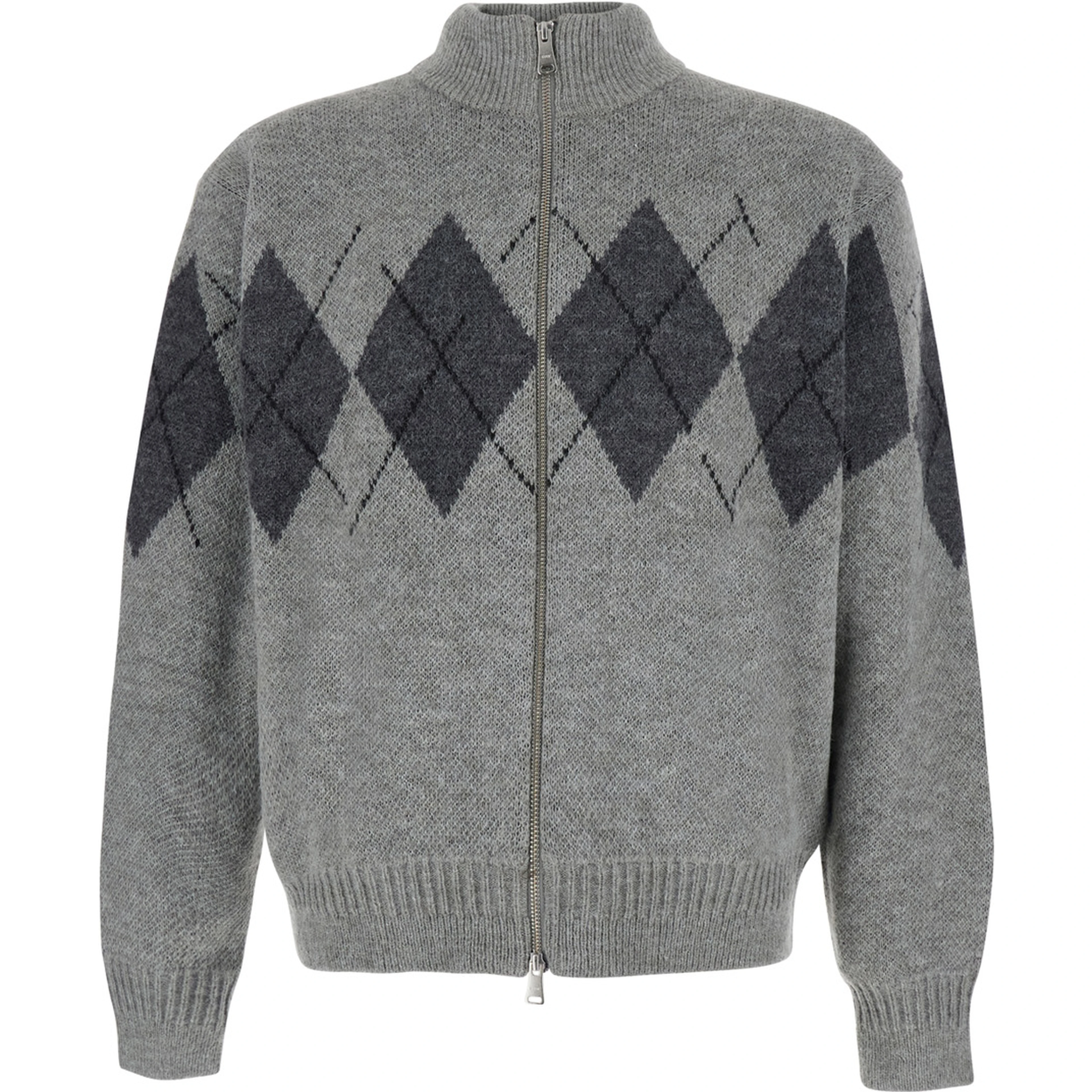 INSIDE OUT ARGYLE ZIP-UP with high collar and long sleeves in acrylic nylon wool and alpaca gray unisex