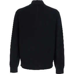 Black Sweater with half zip closure and high collar in wool for men