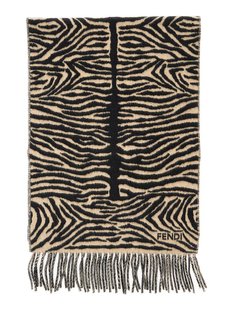 Black Scarf with tiger stirpe motif and fringed edge in wool for women