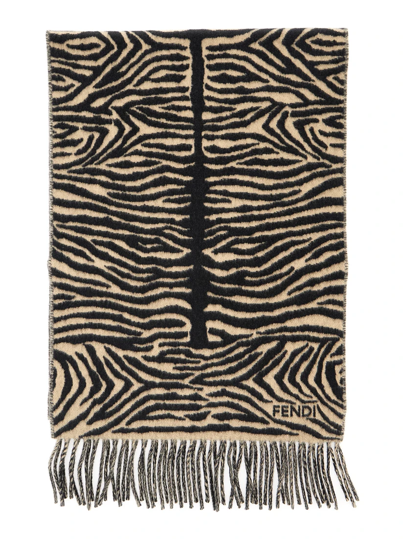 Black Scarf with tiger stirpe motif and fringed edge in wool for women