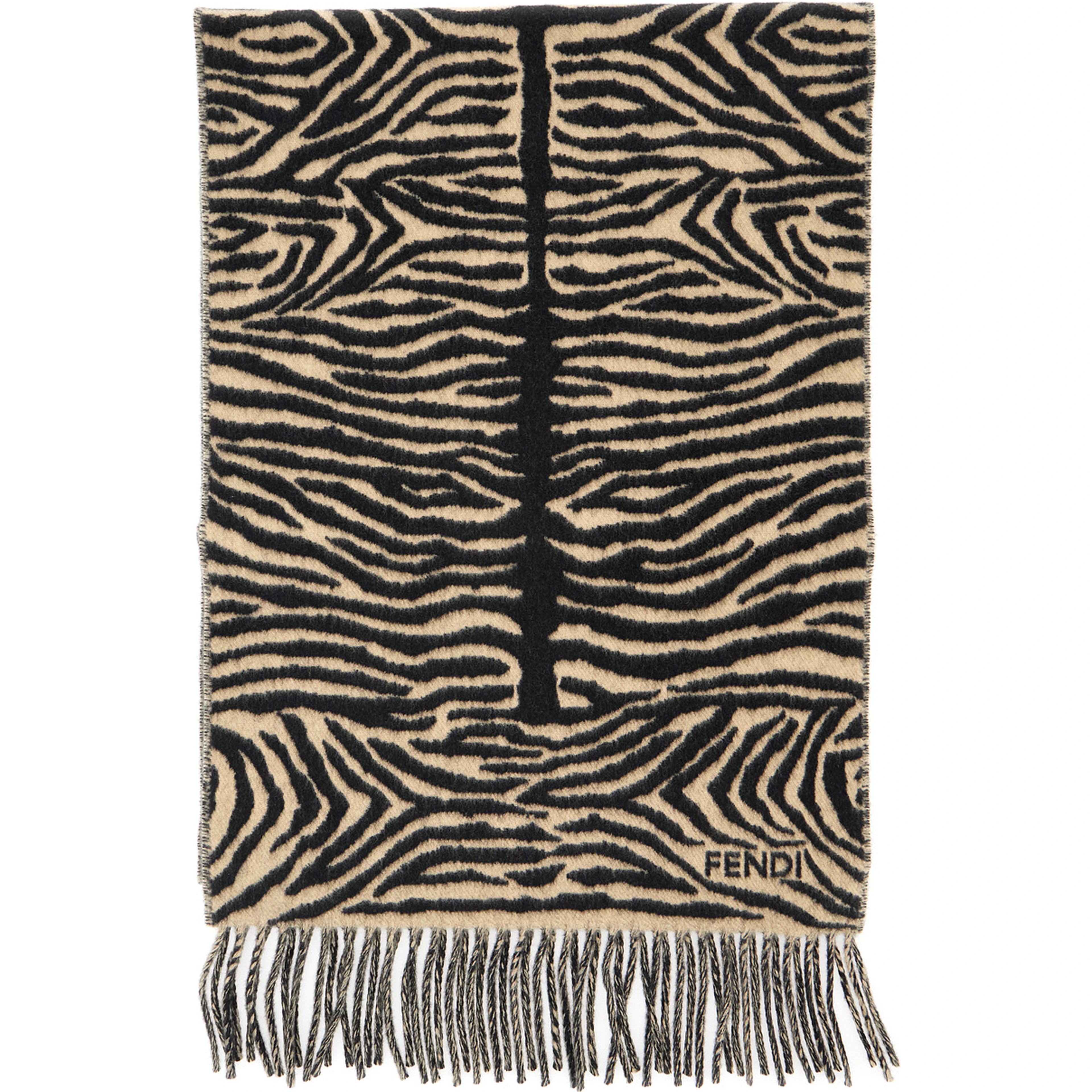 Black Scarf with tiger stirpe motif and fringed edge in wool for women
