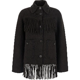 Brown Cardigan with Classic Collar and Fringes in Wool and Cashmere for Women