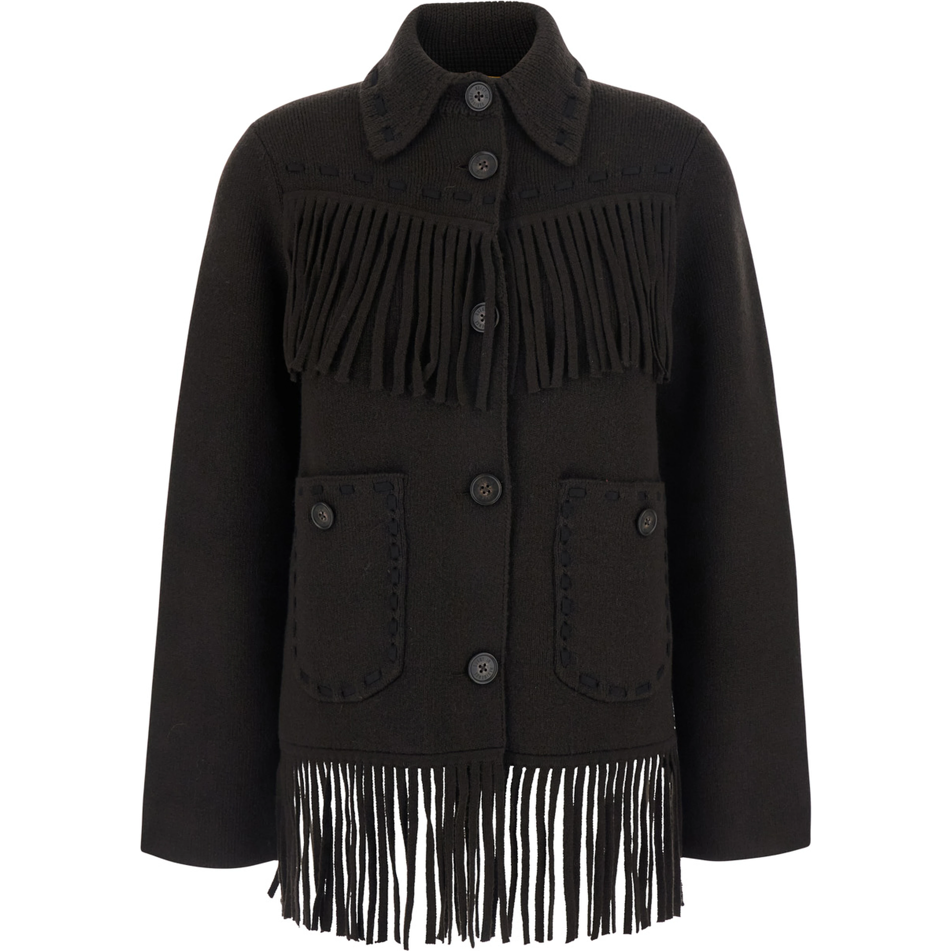 Brown Cardigan with Classic Collar and Fringes in Wool and Cashmere for Women