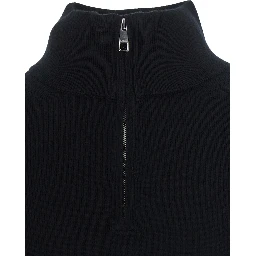 Black Sweater with half zip closure and high collar in wool for men